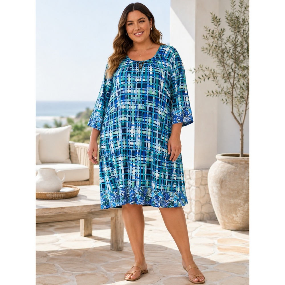 467. Blue Green Geometric Floral Tiered Shift Dress 3/4 Sleeve Plus Size 2X
